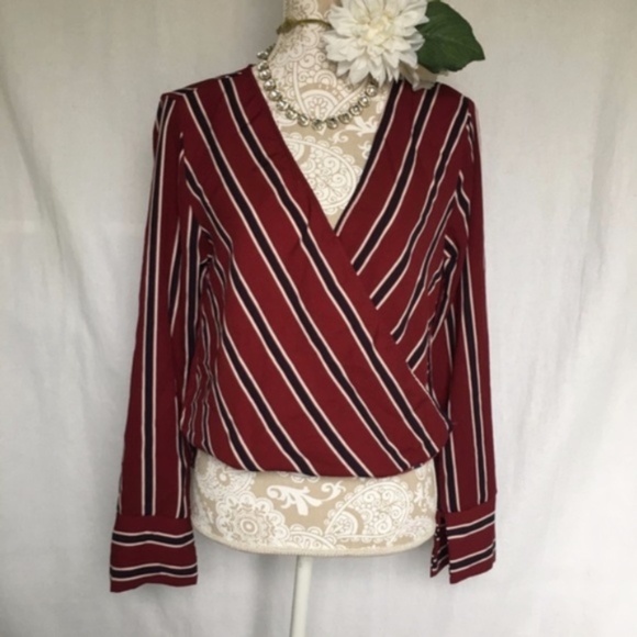 Windsor // Maroon, White Stripe Wrap Front Blouse - Picture 1 of 8